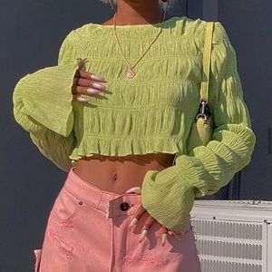 NWOT Y2K Lime Lettuce Hem Crepe Wave Mesh Crop Top